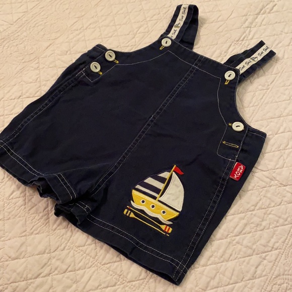 {VTG} Ahoy Set Sail Embroidered Sailboat Shortalls 100% Cotton Navy Blue (16M) - Picture 4 of 14